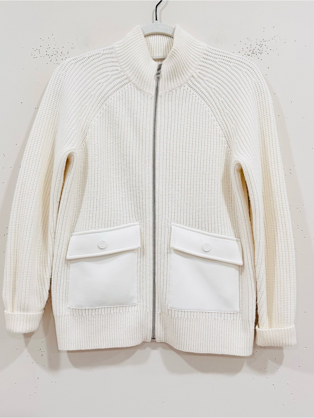 T by Talbots White Ribbed Knit Full Zip Sweater Jacket Contrast Pockets Size SP